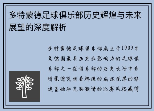 多特蒙德足球俱乐部历史辉煌与未来展望的深度解析