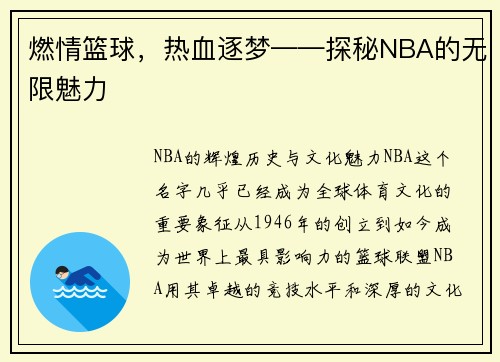 燃情篮球，热血逐梦——探秘NBA的无限魅力